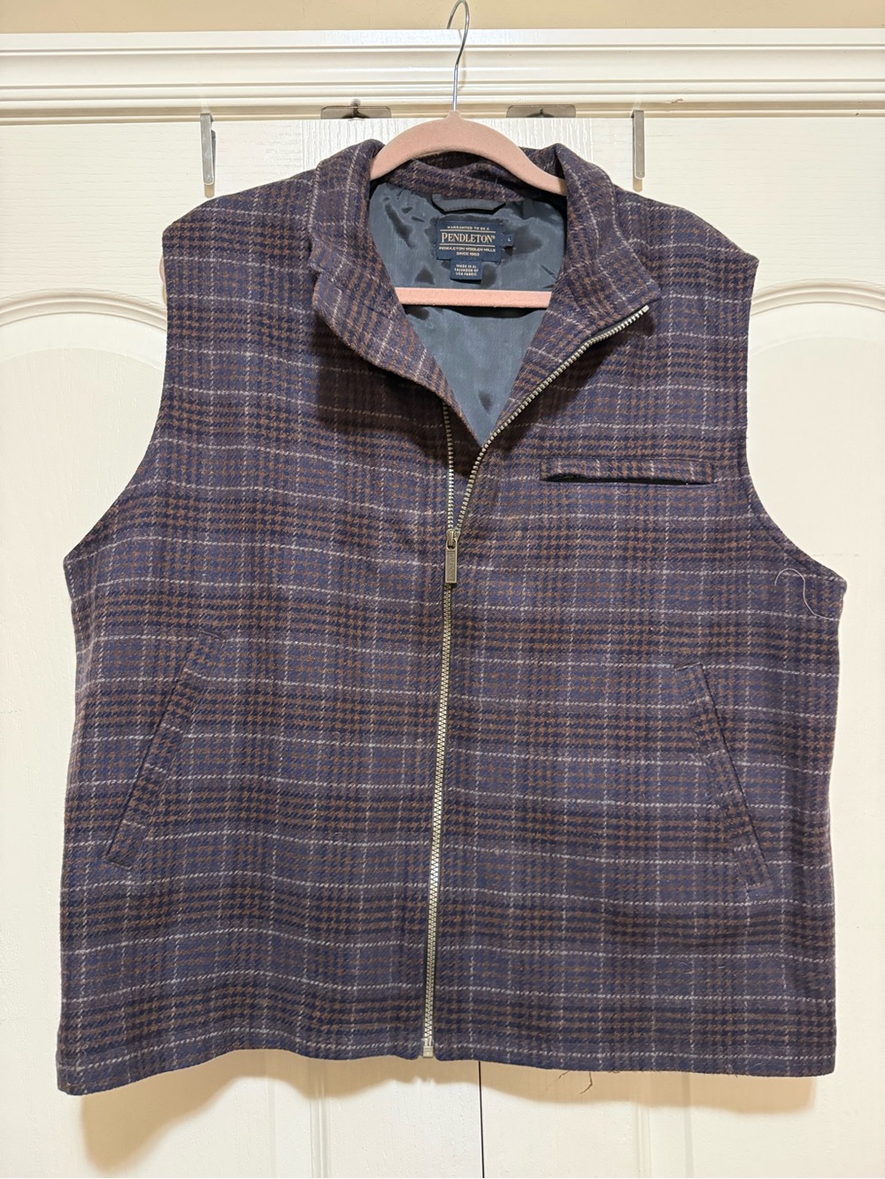 Pendleton Brown and Blue Plaid Wool Zip Vest
